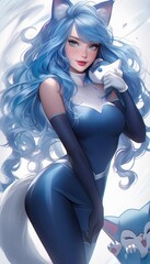 Wall Mural - Manga style cartoon woman with blue hair and white stockings, concept art - generative ai