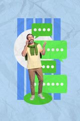 Sticker - Vertical image illustration picture collage of handsome happy positive man speaking telephone business partners on blue drawing background