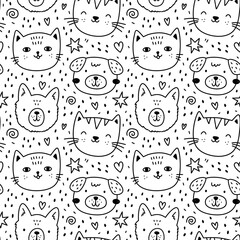 Cute seamless pattern with cats and dogs on white background. Vector hand-drawn illustration in doodle style. Perfect for print, decorations, wrapping paper, wallpaper.