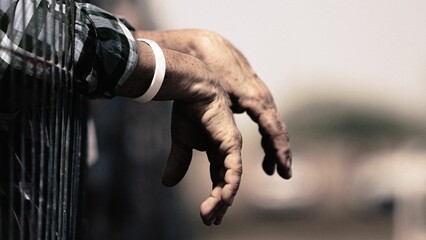 Wall Mural - Closeup of male hands leaning on the wire fence - perfect for backgrounds