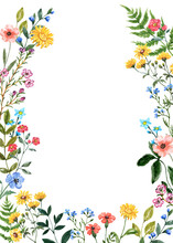 Oval-shaped Wildflower Frame. Watercolor Floral Wreath Made Of Summer Colorful Flowers And Green Leave. Card With Space For Text.
