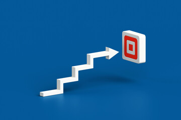 Wall Mural - White arrow hit the target cube shape. Staircase with arrow as top tread on blue background, business strategy and target achievement concept. 3d rendering