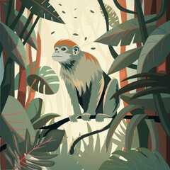 Naklejka na meble Monkey sitting on a branch in the jungle, travel and adventure illustrations, vector flat image