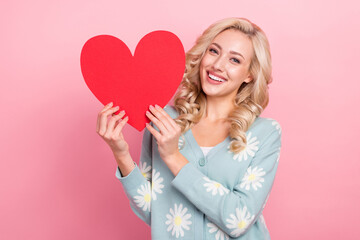 Sticker - Portrait of cheerful pretty person toothy smile arms hold paper heart shape card isolated on pink color background