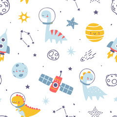 Wall Mural - cute space pattern with dino astronauts. seamless white vector cosmic print with dinosaurs for baby 