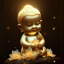 Cute Baby Buddha Golden Statue With Gold Sparticals Glowing Backdrop AI Generative
