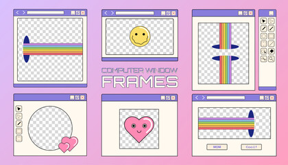 Poster - Set of computer opened window frames and borders on a colorful background, Y2K retro illustrations, frames for images.