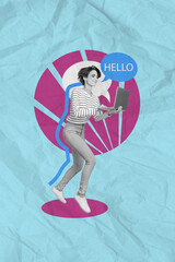 Sticker - Collage artwork graphics picture of excited pretty lady communicating modern device isolated painting background