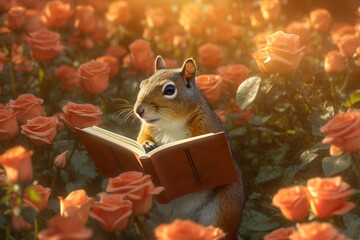 Wall Mural - Cute squirrel reading a book in field or orange roses