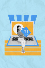 Poster - Photo collage artwork minimal picture of smiling lady asking question sitting apple samsung gadget isolated drawing background