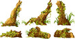 Stump, log with liana branches, ivy. Cartoon broken piece of wood and creeper jungle, tropical leaves. Isolated vector element for computer game on white background.