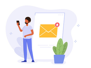 Poster - New email illustration concept. Receive notification on your phone about new email. Email marketing creative flat vector.
