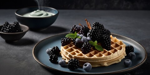 Wall Mural - Sweet waffles and blackberries sit on a blue dish, covered with a white towel, on a gray table, as seen from the side. Generative AI