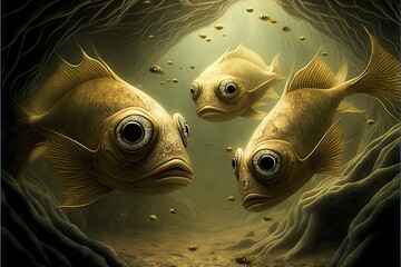 Wall Mural - alien fishes swimming underwater in brown water, created with generative ai