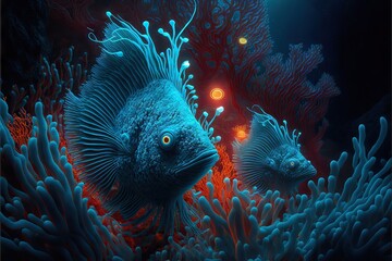 Wall Mural - alien fishes swimming underwater among corals, created with generative ai