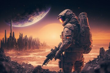 sci-fi soldier with the gun. futuristic soldier standing on city ruins against the glowing planet, g