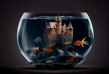 A Fish Bowl With A Castle In The Middle Of The Water And Goldfish Swimming Around The Bottom Of The Bowl, With A Dark Background.  Generative Ai