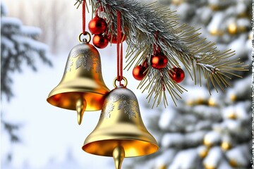 Wall Mural - gold bells hanging on fir tree branch with winter nature in background, created with generative ai