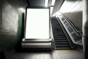 Canvas Print - Blank billboard mockup for information next to stairs at subway station, created with generative ai