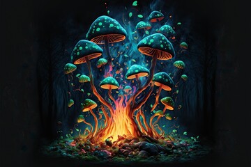 Wall Mural - Psychedelic mushrooms burning in bonfire with green smoke in dark forest, created with generative ai