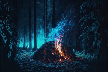 Wall Mural - Mystical glowing blue bonfire in dark forest, created with generative ai
