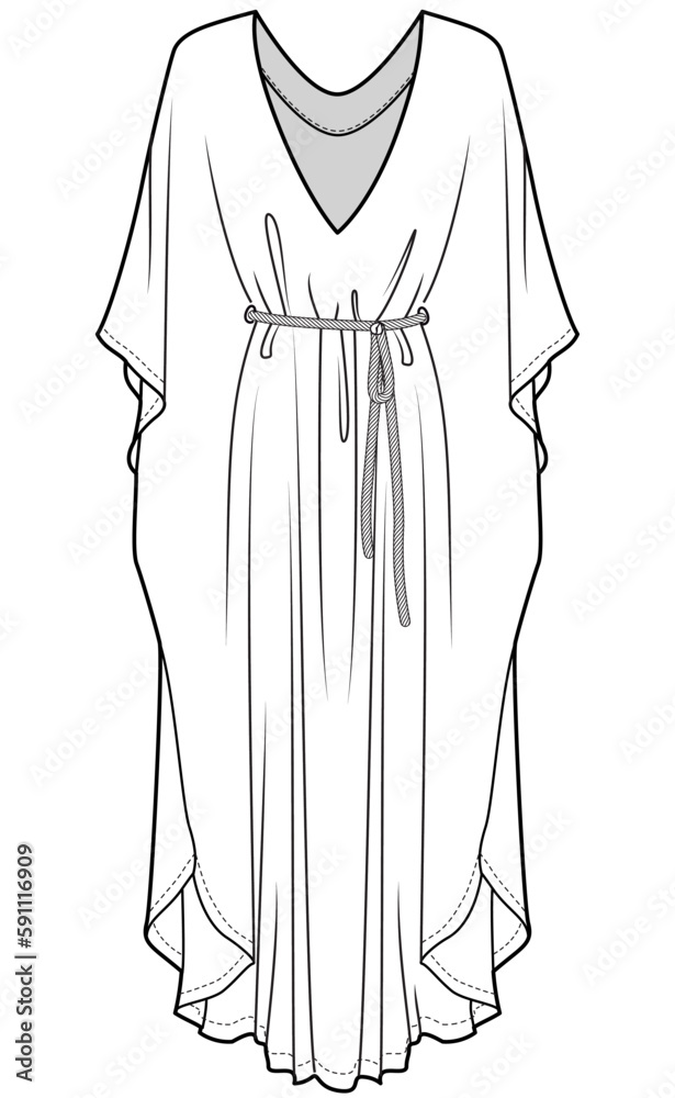 women's deep v neck flared flowy maxi dress flat sketch vector illustration  technical cad drawing template Stock Vector | Adobe Stock