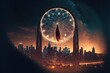 Dream catcher glowing in night sky above city, created with generative ai