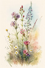 Prairie Grasses And Wildflowers Watercolor, Generative AI