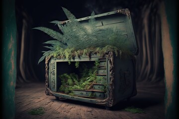 Wall Mural - surreal ferns growing inside open old chest standing on hut floor, created with generative ai