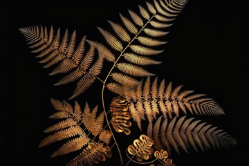 Canvas Print - Golden fern leaves on black background, created with generative ai