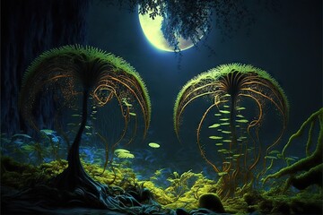 Wall Mural - Beautiful extraterrestrial ferns on alien planet, created with generative ai