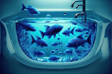 Wall Mural - beautiful blue fishes swimming in futuristic bathroom sink, created with generative ai