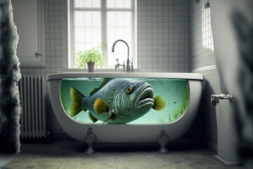 Wall Mural - one beautiful fish swimming in water inside bathtub in cozy bathroom, created with generative ai