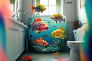 Wall Mural - Colorful fishes swimming inside flooded bathroom, created with generative ai
