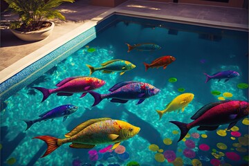 Wall Mural - colorful fishes swimming in luxury hotel pool, created with generative ai