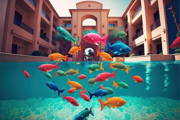 Poster - Colorful fishes jumping out of luxury hotel pool, created with generative ai