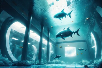 Wall Mural - Underwater view of fishes swimming in indoor pool, created with generative ai