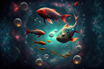 Wall Mural - colorful fishes floating in outer space with planets and stars, created with generative ai