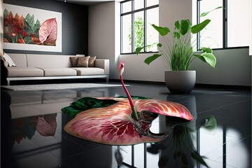 Wall Mural - Beautiful three-dimensional anthurium hologram on floor in modern interior, created with generative ai