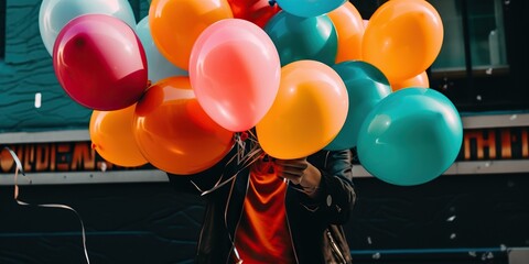 person holding handful of brightly colored balloons with vibrant scene creating sense of joy and happiness, concept of Color psychology and Playful imagery, created with Generative AI technology