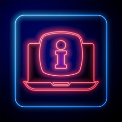 Poster - Glowing neon Laptop with information icon isolated on black background. Vector