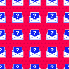 Poster - blue envelope with question mark icon isolated seamless pattern on red background. letter with quest
