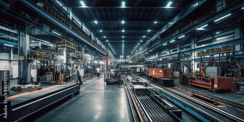 factory floor with machinery conveyor belts and workers in hard hats ...