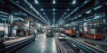 Factory Floor With Machinery Conveyor Belts And Workers In Hard Hats Appeals To Those Interested In Industrial Production And Automation, Created With Generative AI Technology