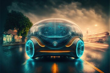 Wall Mural - Front view of futuristic transparent car moving on road in futuristic city, created with generative ai