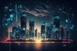 Modern smart city under many connected data symbols in night sky, IoT concept, created with generative ai