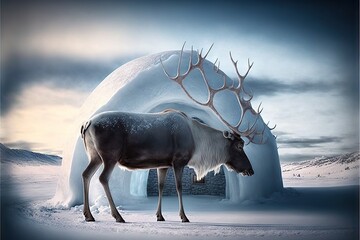 Canvas Print - Reindeer near ice igloo and in beautiful snowy arctic winter nature, created with generative ai