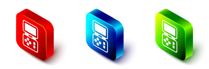 Poster - Isometric Portable tetris electronic game icon isolated on white background. Vintage style pocket brick game. Interactive playing device. Red, blue and green square button. Vector