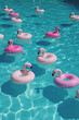 © Uncanny Valley - Summer creative concept, a dream trip to a tropical exotic destination and hot summer sun. Inflatable pink flamingos on the surface of the water, at the pool. Generative AI.