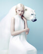 © Uncanny Valley - Snow white abstract elegant portrait of a young beautiful girl with a big dangerous polar bear. Gentle white color tones, women and wild animal. Generative AI.